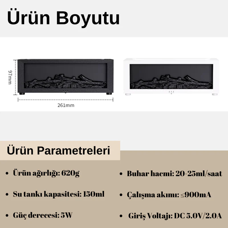 Mini Şömine Aromaterapi Hava Nemlendirici 3D Gerçek Şömine Görünümlü